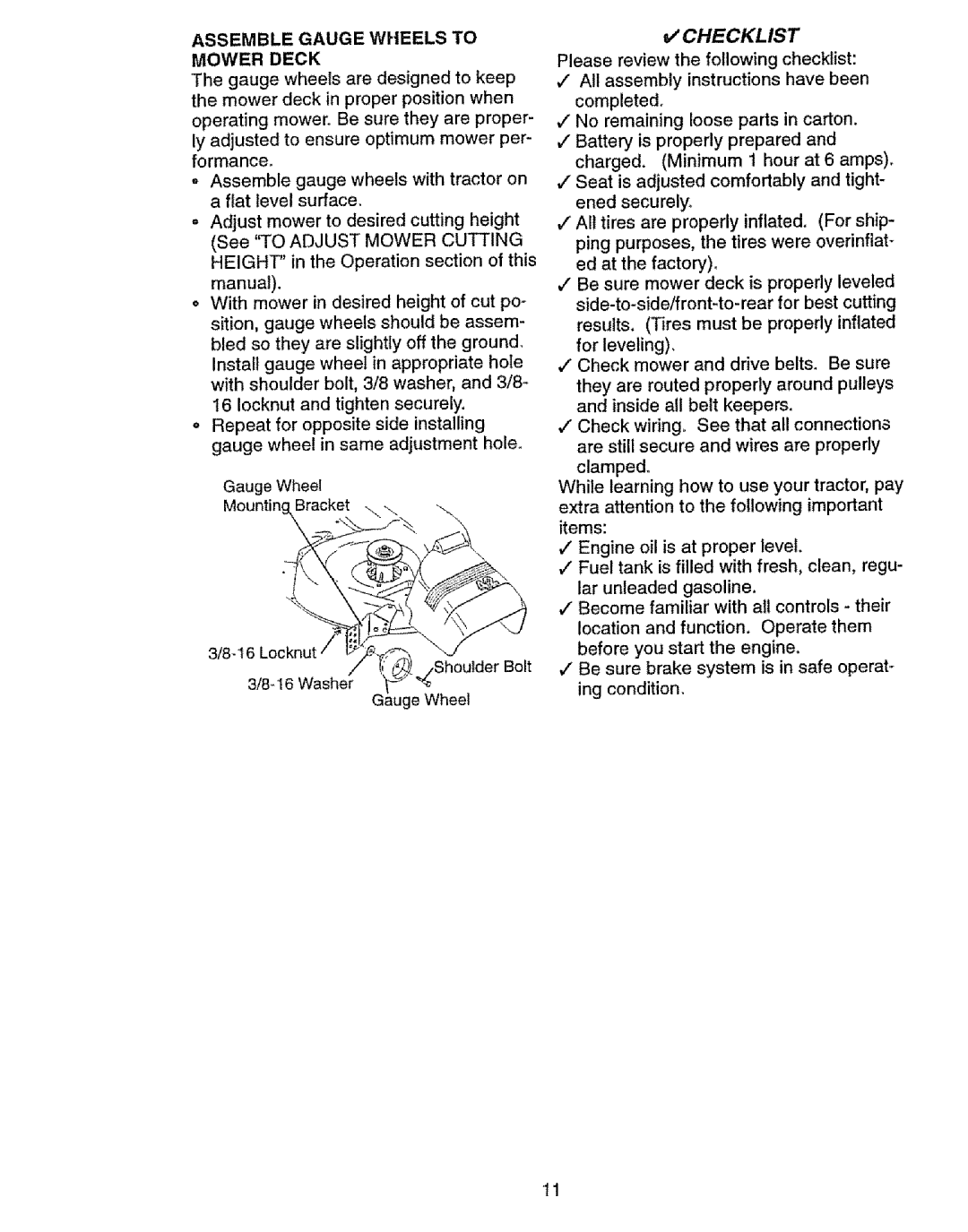 Craftsman 917.27103 owner manual Assemble Gauge Wheels to Mower Deck, Checklist 