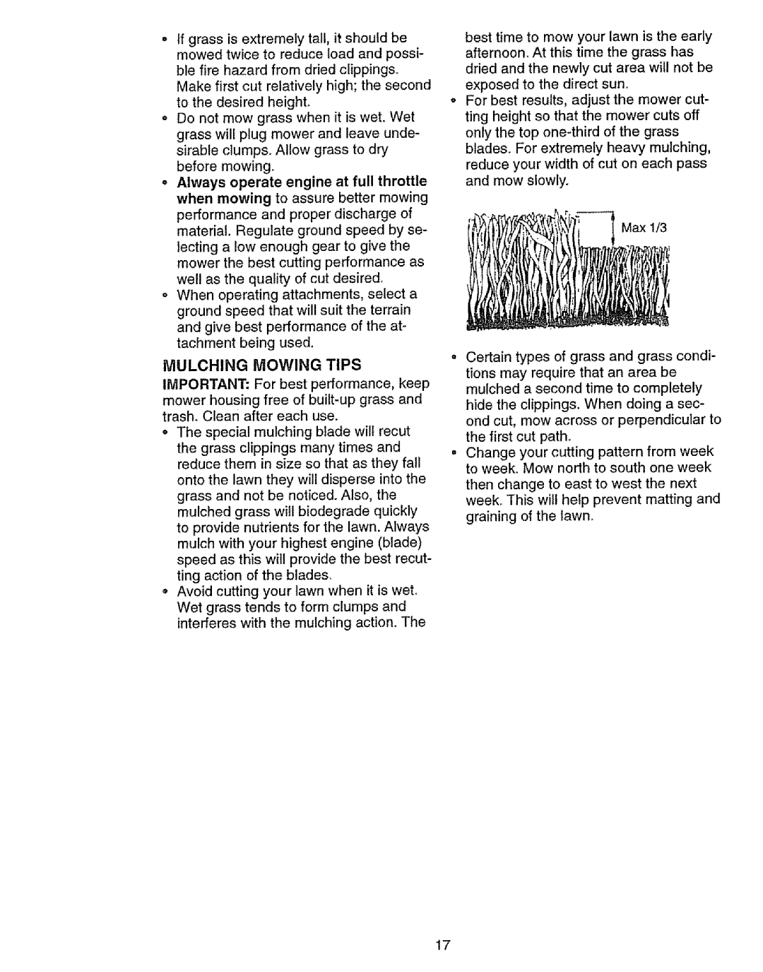 Craftsman 917.27103 owner manual Mulching Mowing Tips, Important For best performance, keep 