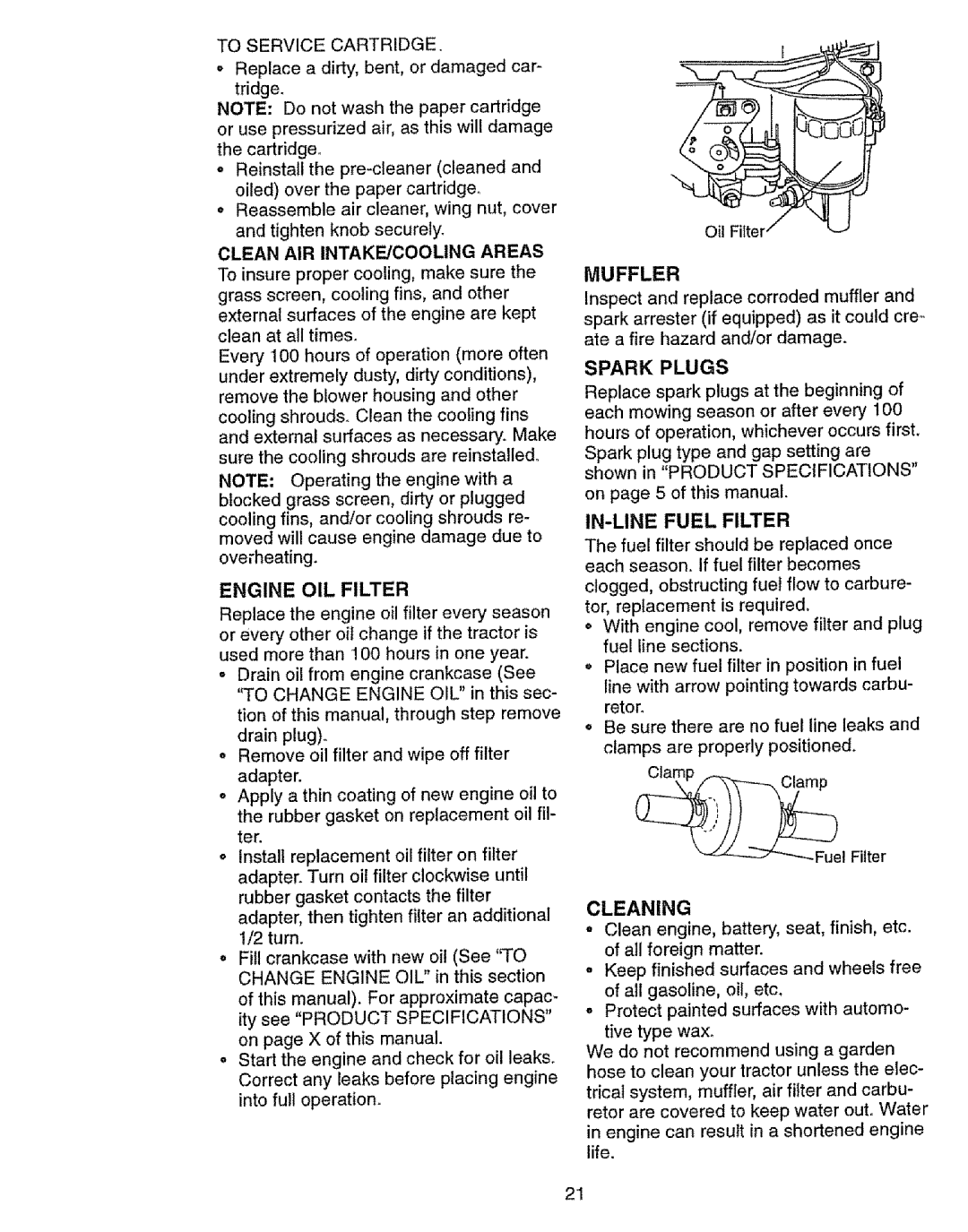 Craftsman 917.27103 To Service Cartridge, Clean AIR INTAKE/COOLING Areas, Engine OIL Filter, Muffler, Spark Plugs 