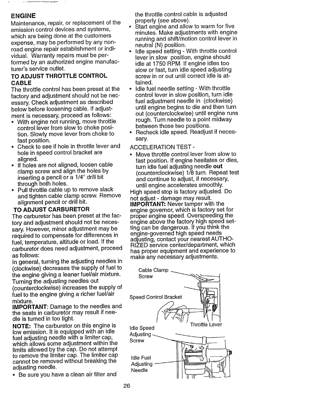 Craftsman 917.27103 owner manual Engine, To Adjust Throttle Control, Cable, To Adjust Carburetor, Acceleration Test 