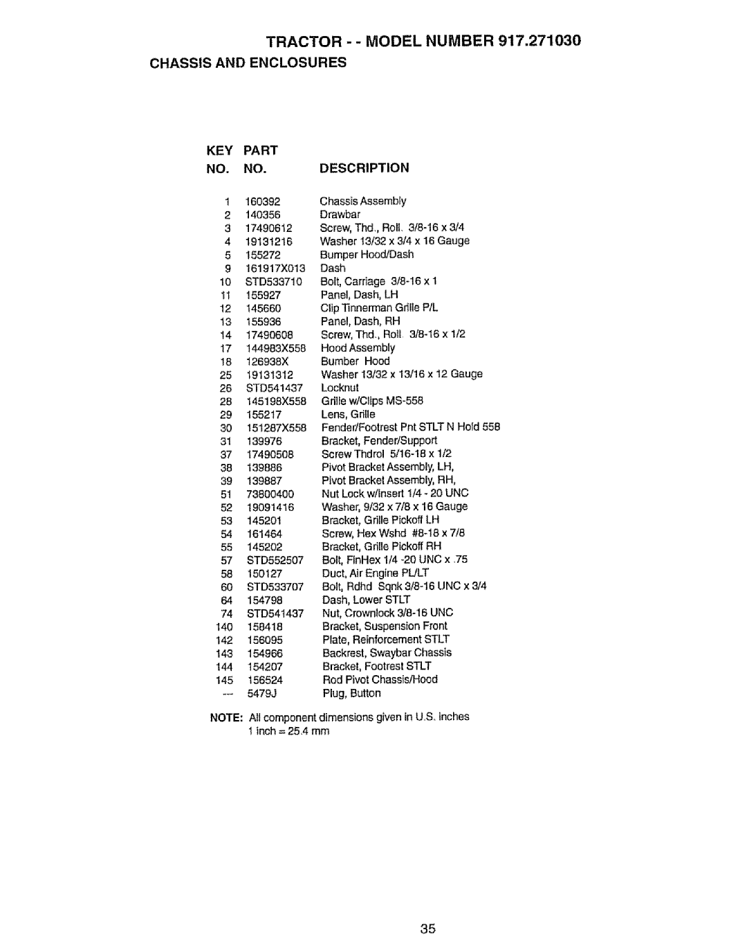 Craftsman owner manual Tractor - Model Number 917.271030 Chassis and Enclosures, KEY Part NO. NO.DESCRIPTION 