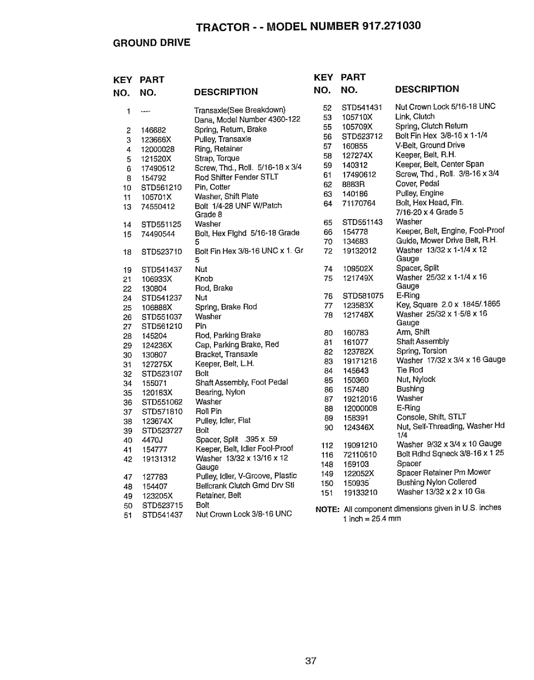 Craftsman 917.27103 owner manual Tractor -- Model Number Ground Drive, KEY Part Description 