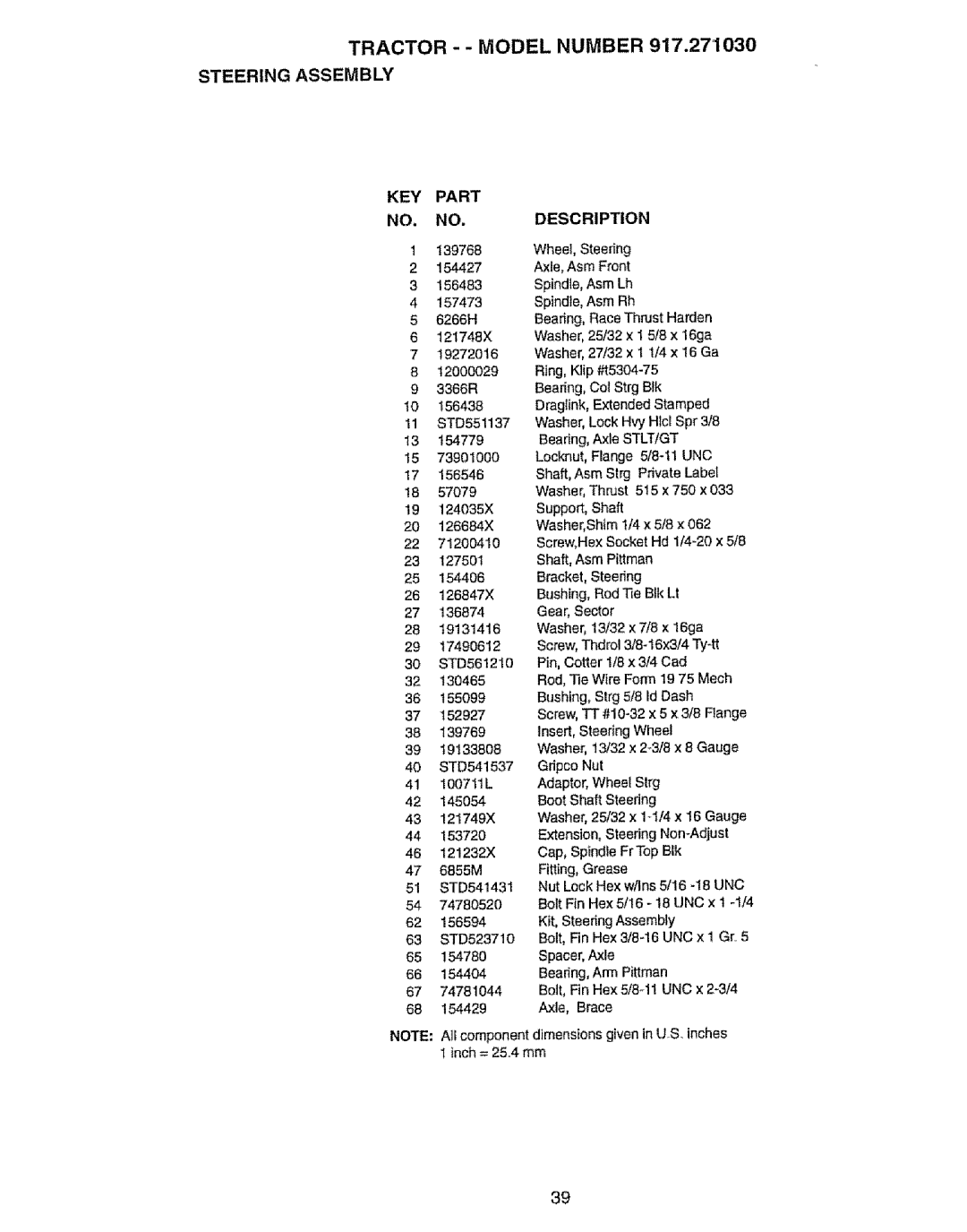 Craftsman 917.27103 owner manual Tractor - Model Number Steering Assembly, KEY Part NO. NO.DESCRIPTION 