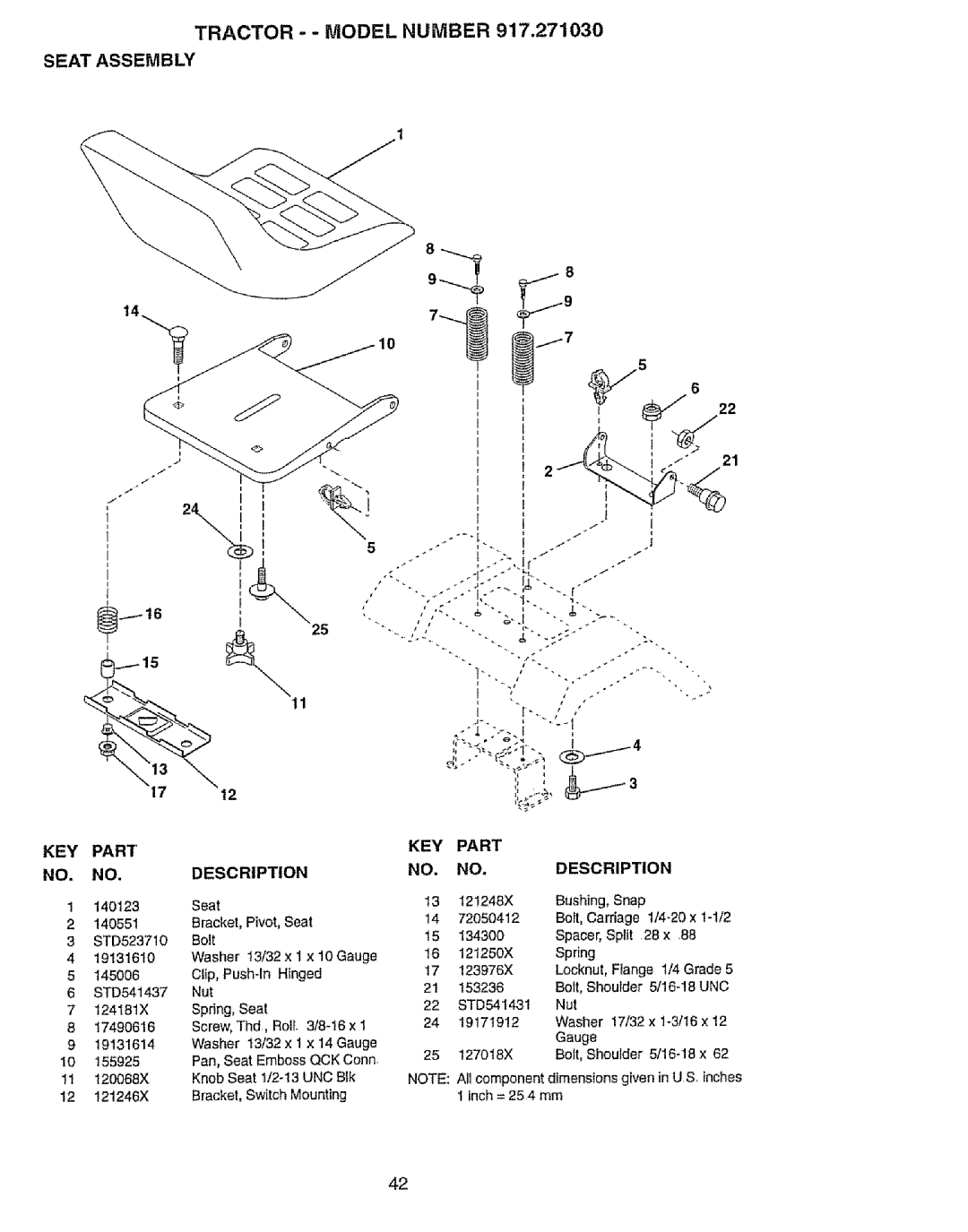 Craftsman 917.27103 owner manual Seat Assembly, Key 