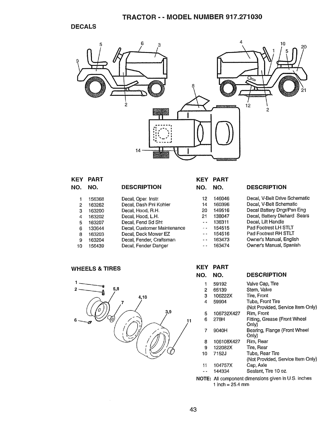 Craftsman 917.27103 owner manual TRACTOR-- Model Number, Decals KEY Part 