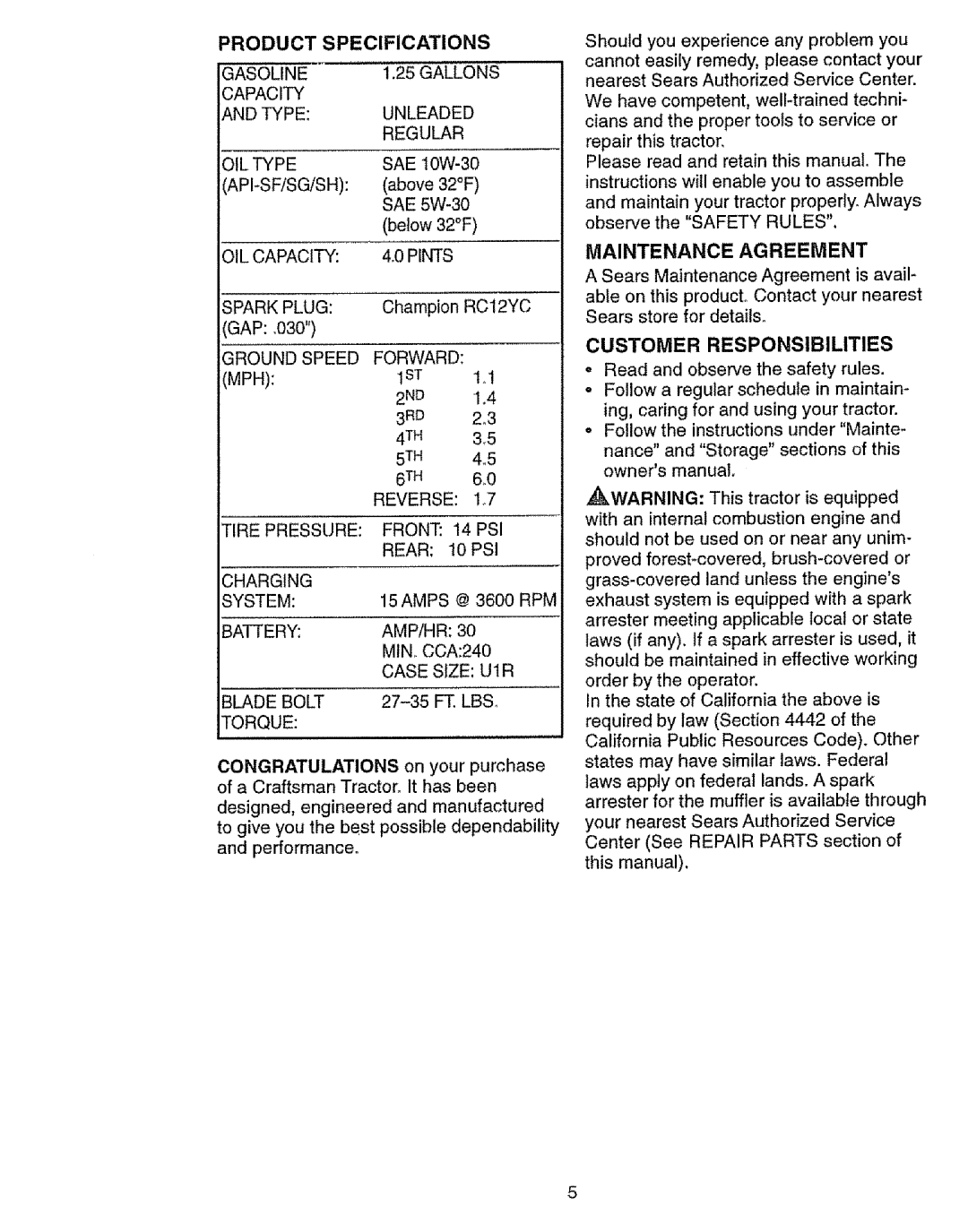 Craftsman 917.27103 owner manual Product Specifications, Maintenance Agreement, Customer Responsibilities 