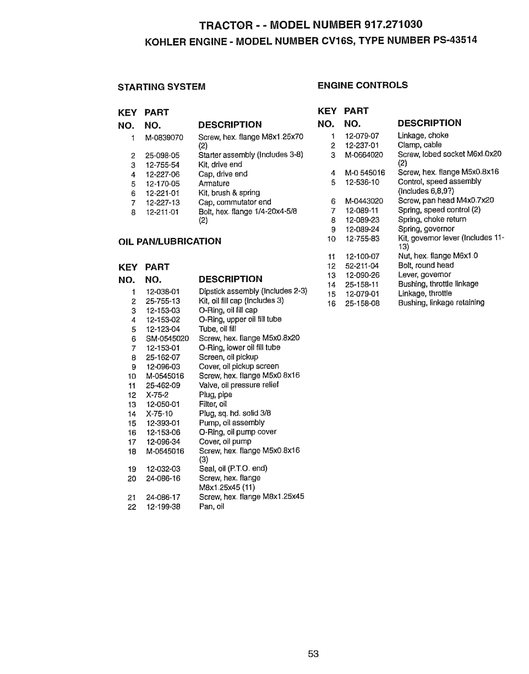 Craftsman 917.27103 owner manual Starting System Engine Controls KEY Part NO. NO.DESCRIPTION, NO, no 