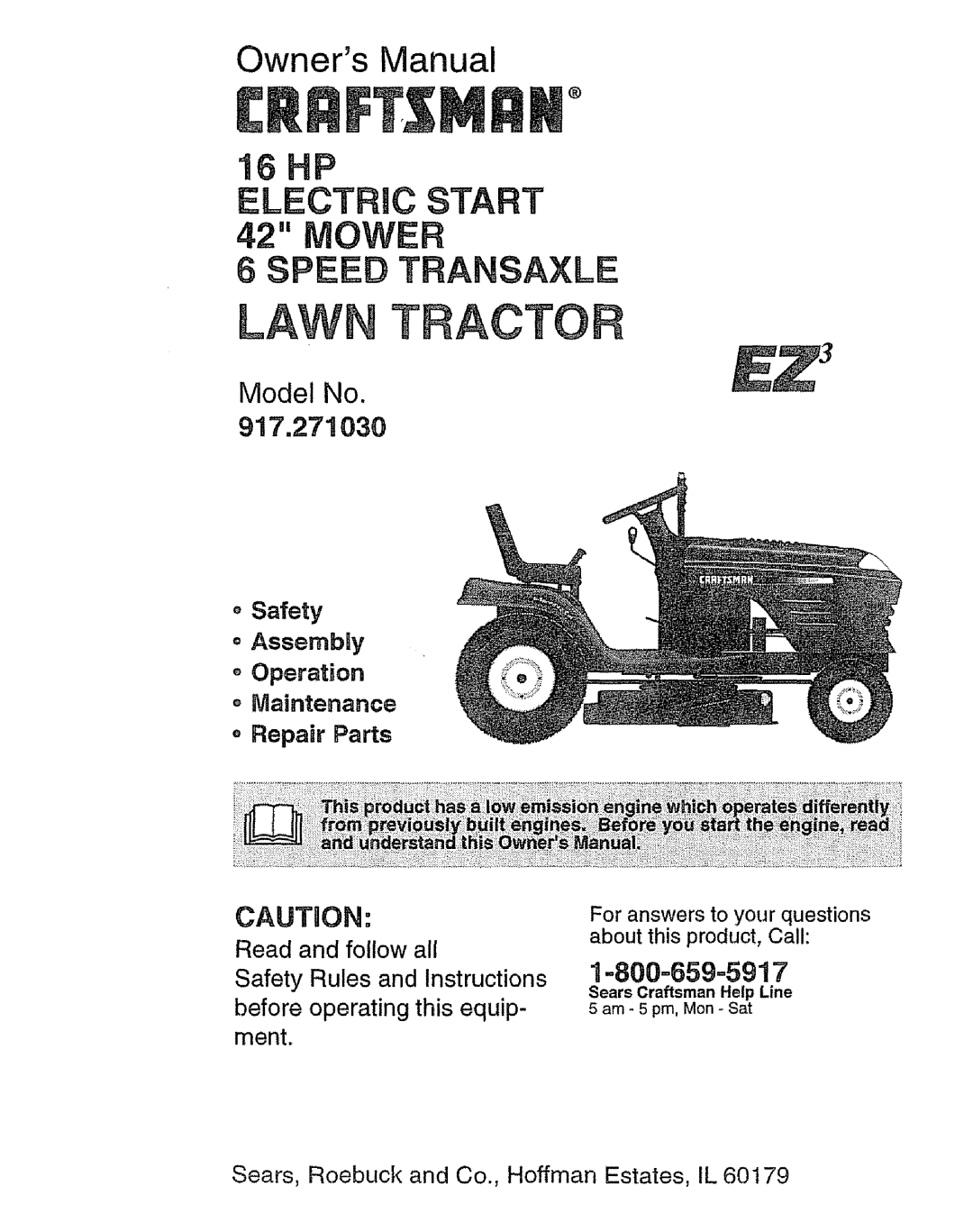 Craftsman 917.27103 owner manual Model No 917.27!030, Safety, Lawn, Owners Manual, I HP ELECTRIC START 42 MOWER 