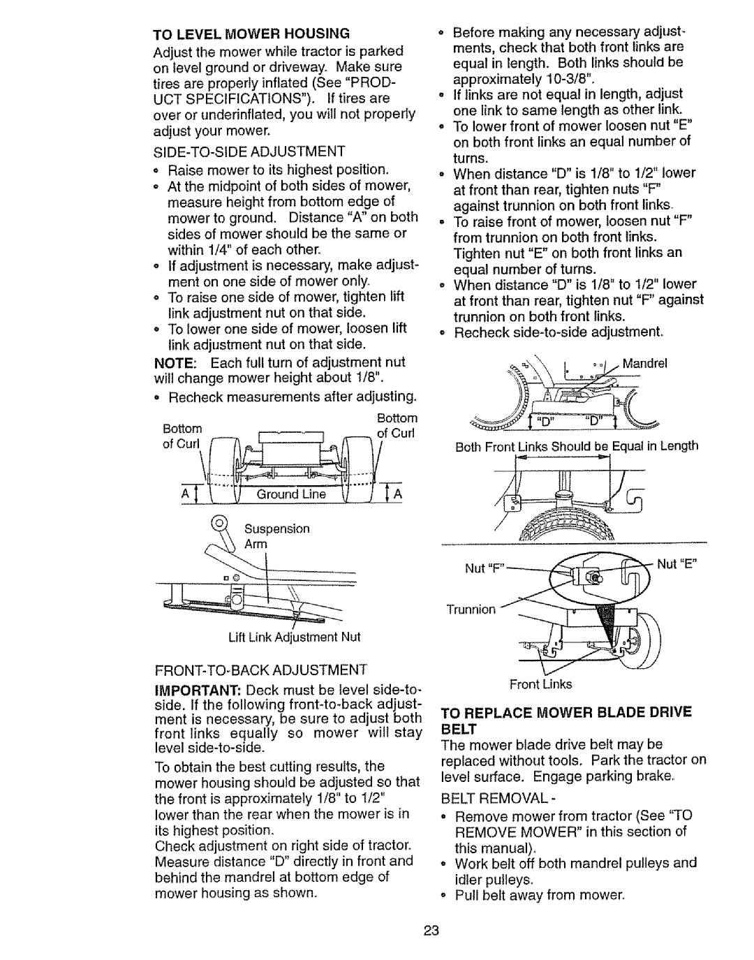 Craftsman 917.27103 owner manual To Level Mower Housing, To Replace Mower Blade Drive 