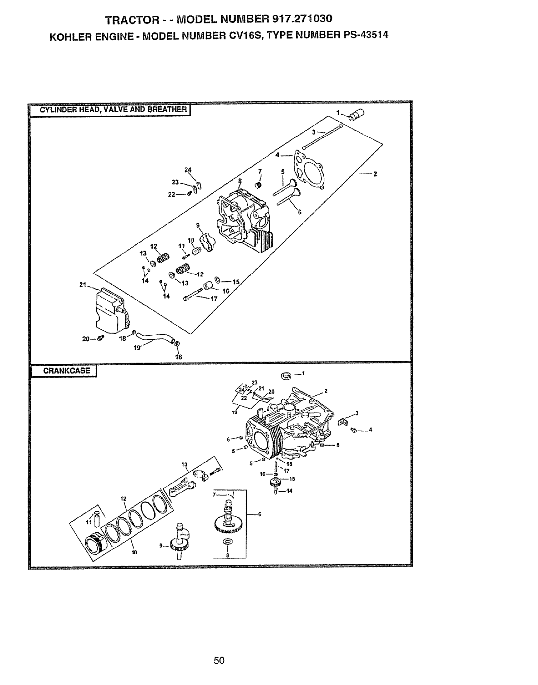 Craftsman 917.27103 owner manual C.A.Kcas, Tractor -- Model Number, Cylinder Head, Valve And Breather, 22_6t 