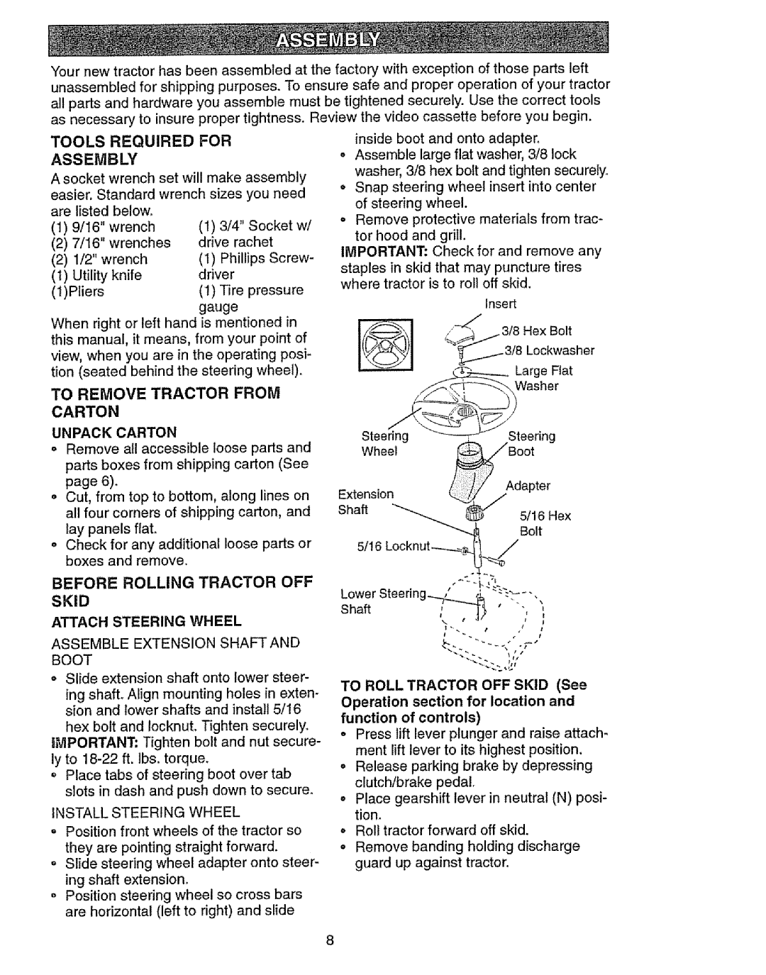 Craftsman 917.27103 owner manual Tools Required For Assembly, Before Rolling Tractor Off Skid, Attach Steering Wheel 