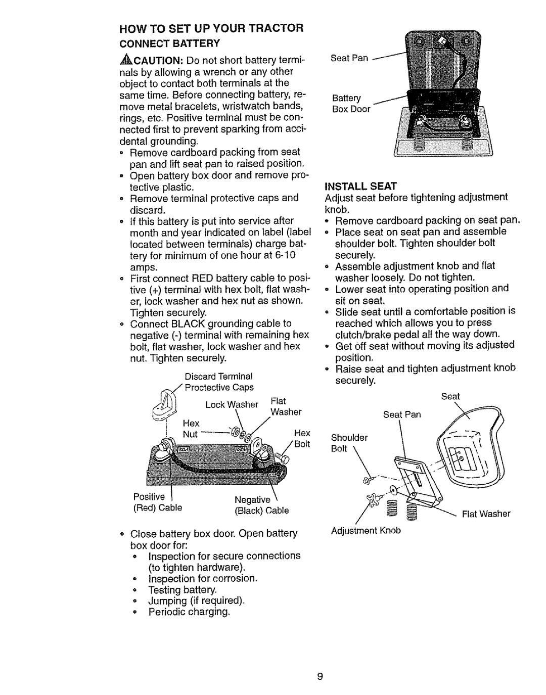 Craftsman 917.27103 owner manual How To Set Up Your Tractor, Install Seat, Adjust seat before tightening adjustment knob 