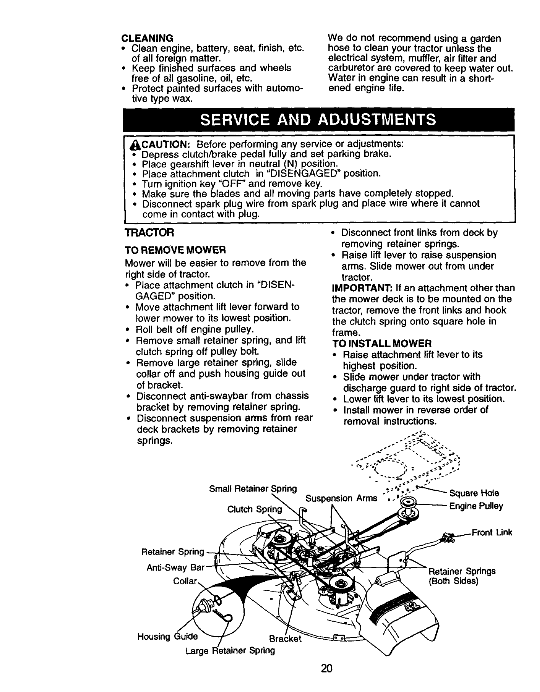 Craftsman 917.27105 manual Cleaning, To Remove Mower, To Install Mower 