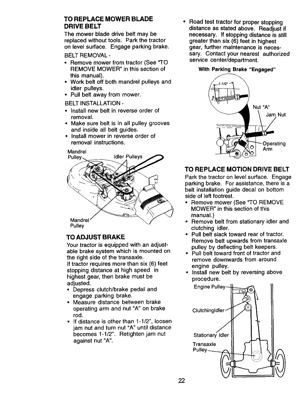 Craftsman 917.27105 manual To Adjust Brake, To Replace Motion Drive Belt 