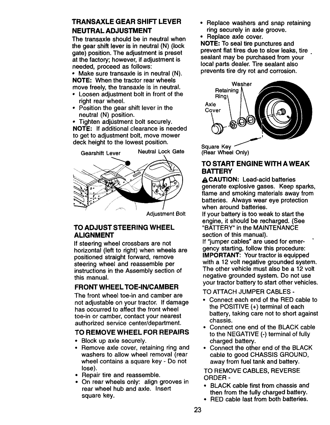 Craftsman 917.27105 manual Neutraladjustment, To Adjust Steering Wheel Alignment, Transaxle Gear Shift Lever 