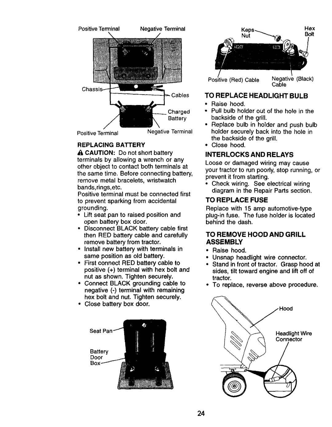 Craftsman 917.27105 manual To Replace Headlight Bulb, Interlocks and Relays, To Replace Fuse, Replacing Battery 