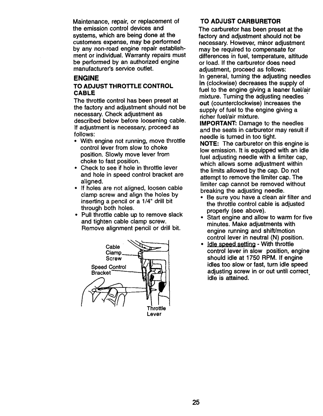 Craftsman 917.27105 manual To Adjust Throttle Control Cable, To Adjust Carburetor 