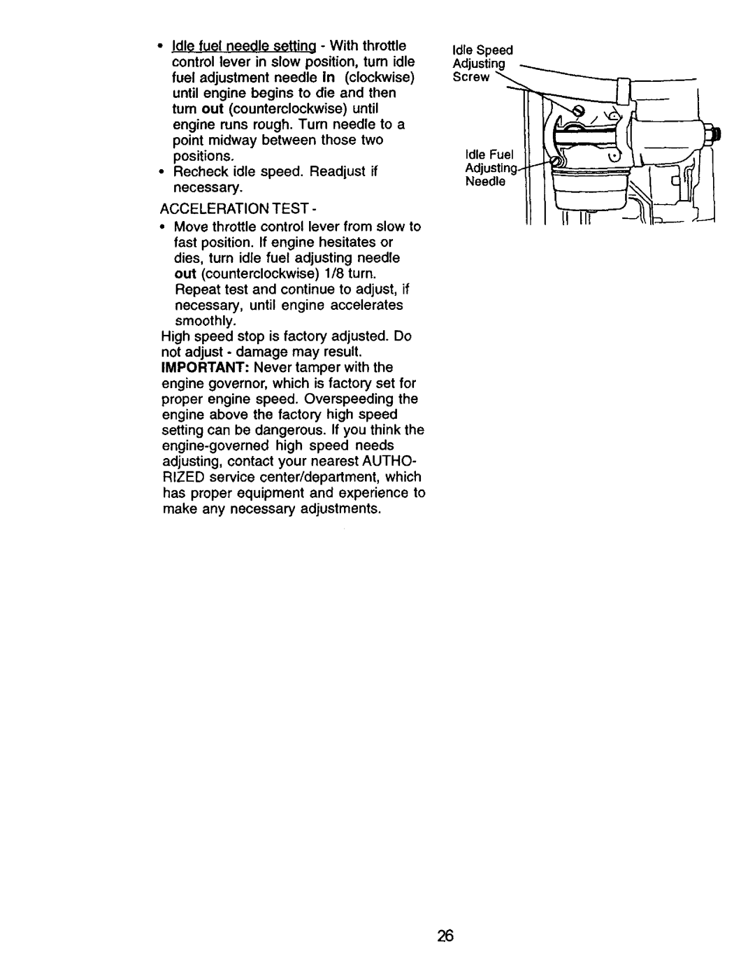 Craftsman 917.27105 manual Acceleration Test 