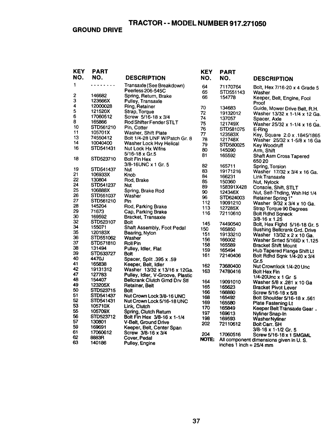 Craftsman 917.27105 Transaxle See Breakdown, Bolt, Hex 7/16-20, 206-545C, Ring, Retainer, Shift Plate, 25/32 5/8, 145090 