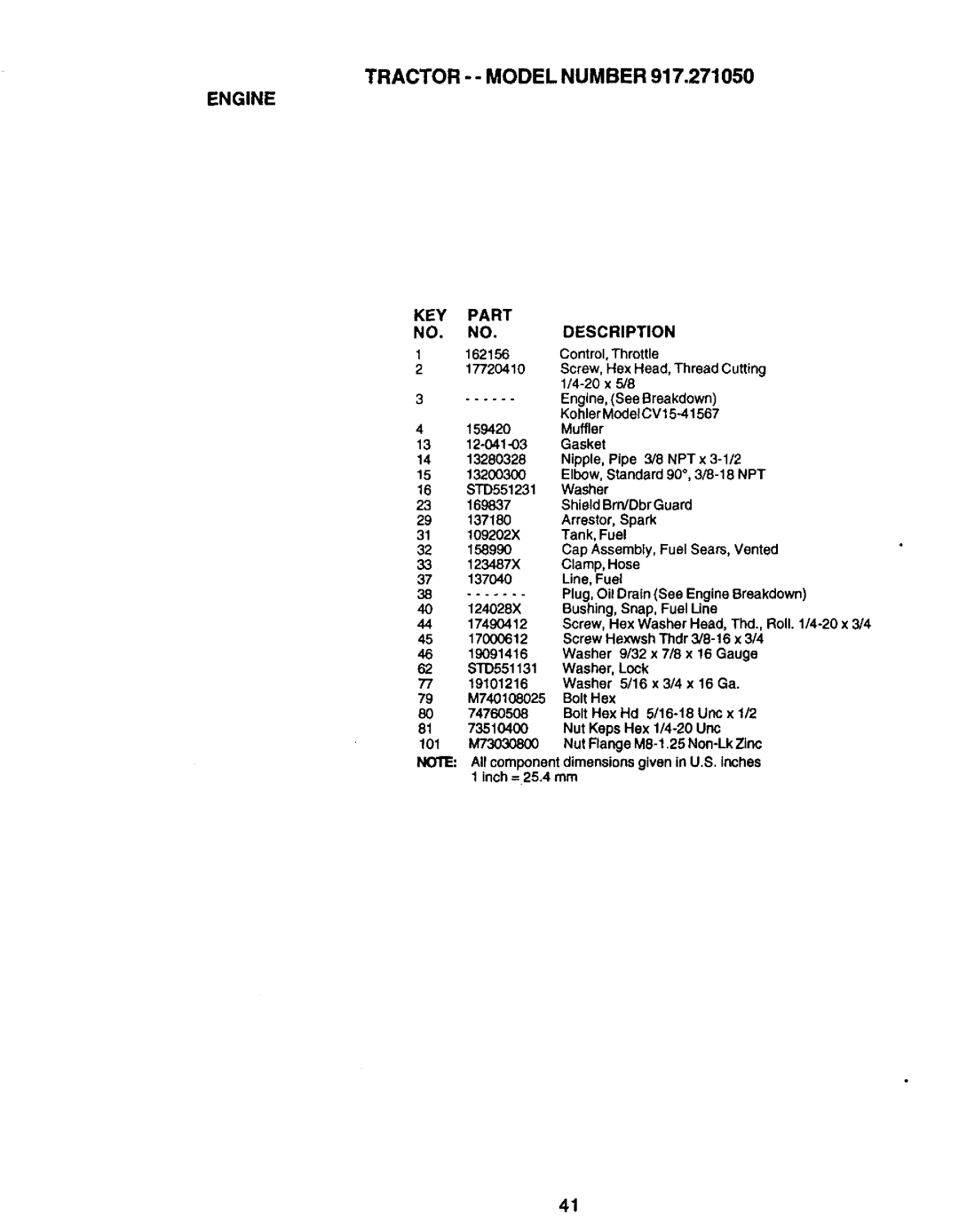 Craftsman 917.27105 manual KEY Part NO. NO.DESCRIPTION, 16 STD551231 Washer, 79 M740108025 Bolt Hex 