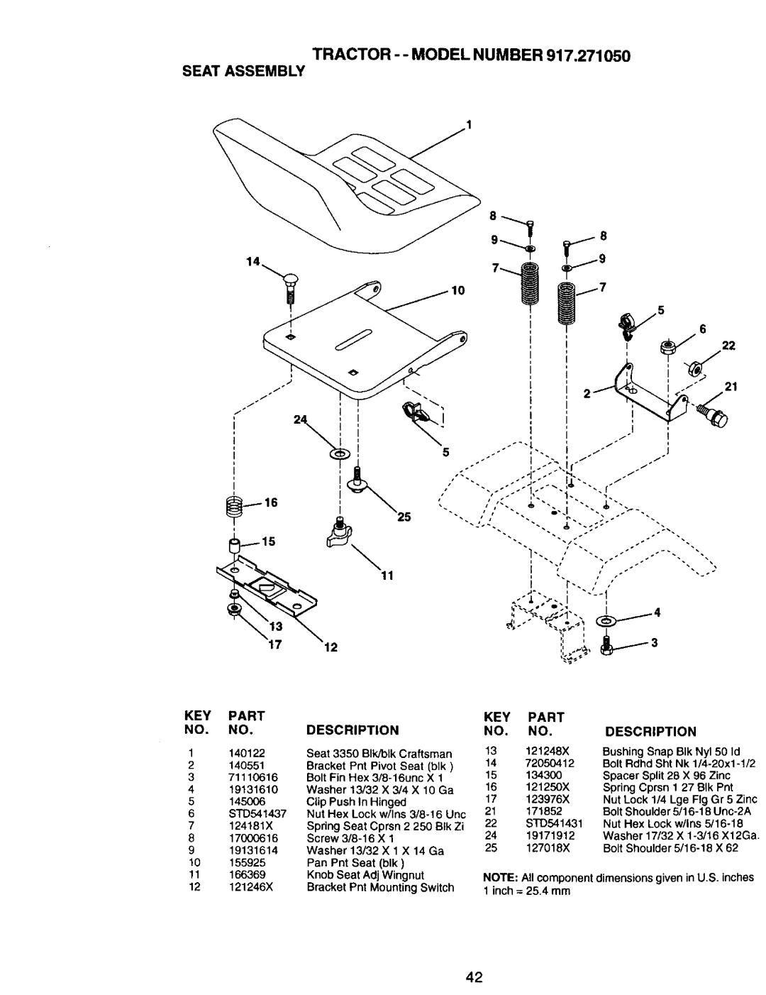 Craftsman 917.27105 manual Tractor - Model Number Seat Assembly, 140122, 121248X Bushing Snap BIk Nyl 50 Id 140551, 145OO6 