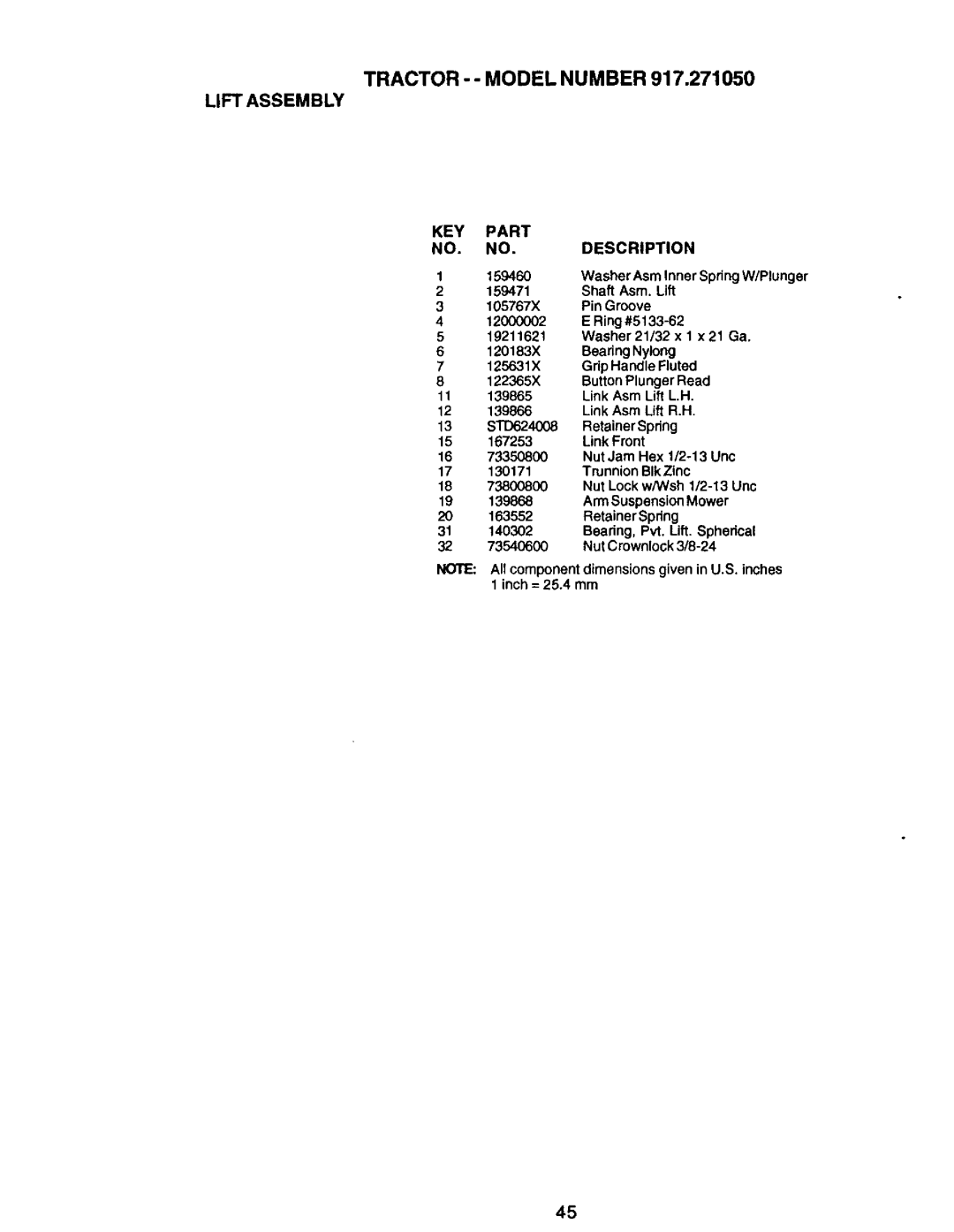 Craftsman 917.27105 manual Washer, 159471, Inch = 25.4 mm 