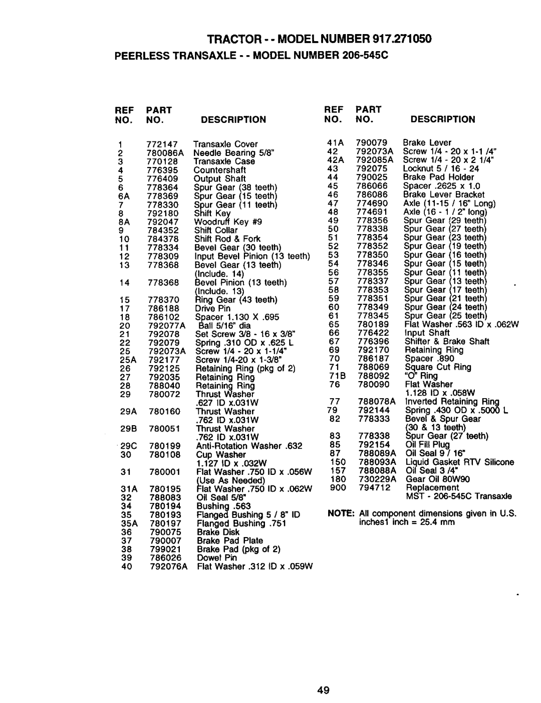 Craftsman 917.27105 manual Part Description, Spacer 