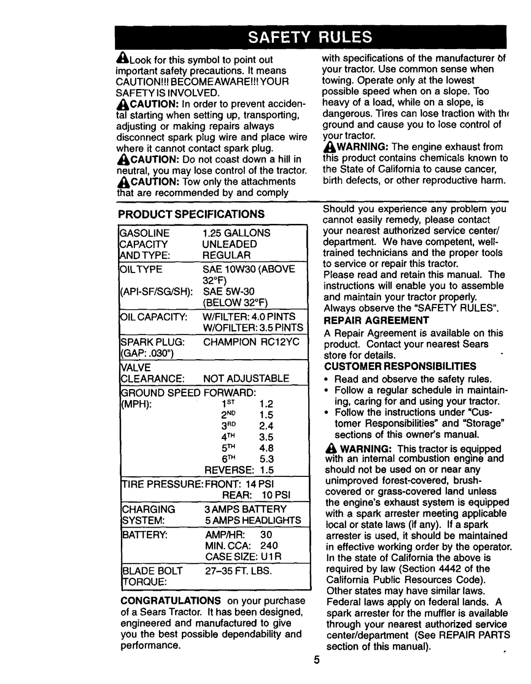 Craftsman 917.27105 manual Product Specifications 