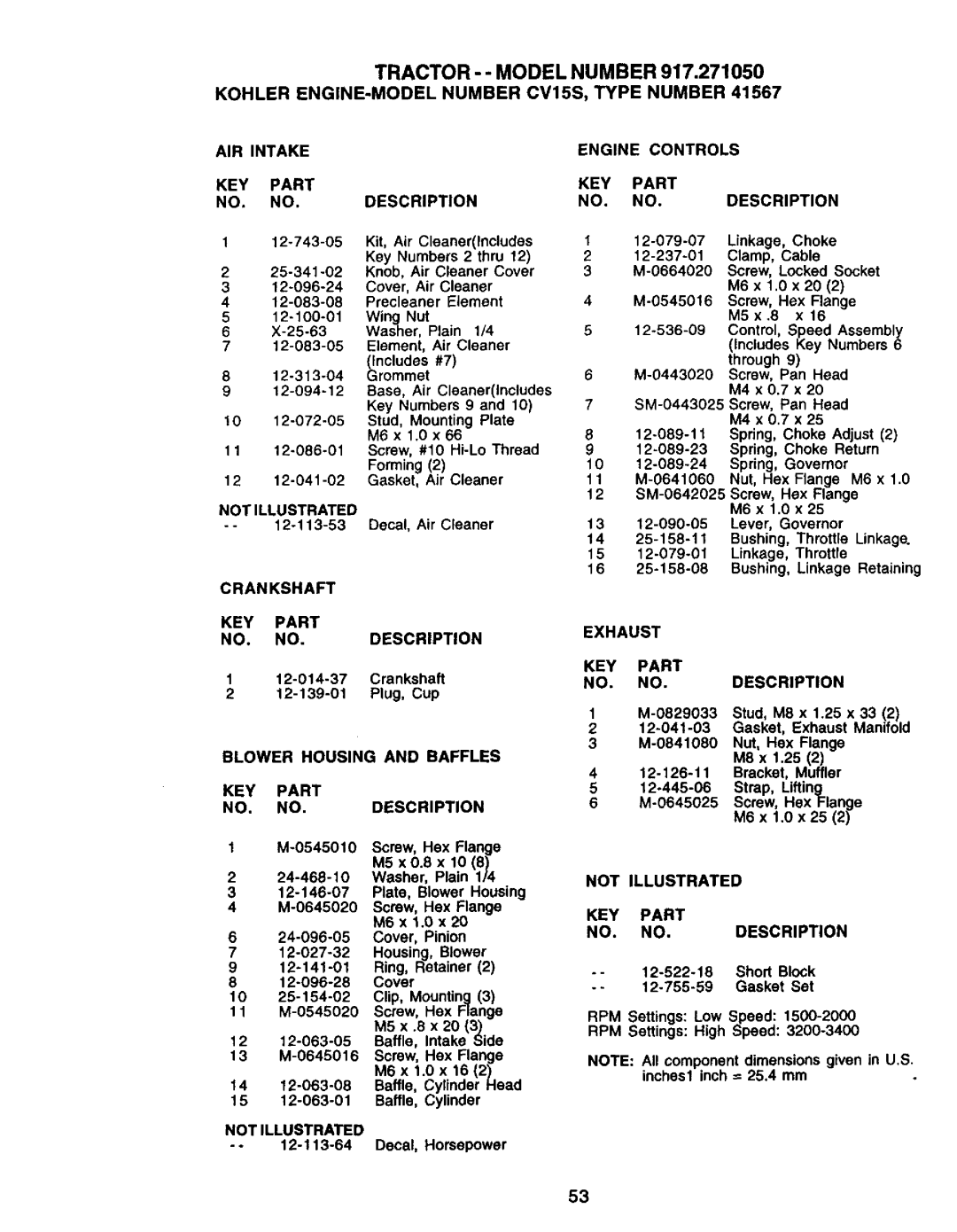 Craftsman 917.27105 manual AIR Intake KEY Part NO. NO.DESCRIPTION, Notillustrated, Crankshaft KEY Part NO. NO.DESCRIPTION 