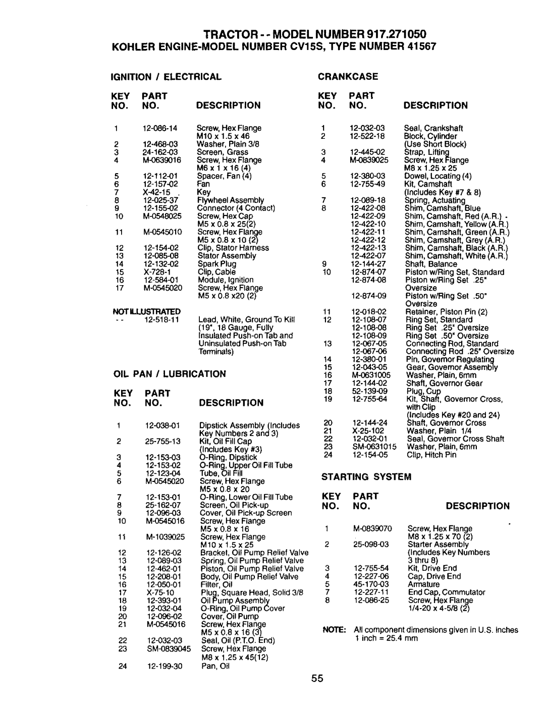 Craftsman 917.27105 manual Ignition / Electrical KEY Part NO. NO.DESCRIPTION, OIL PAN / Lubrication KEY Part Description 