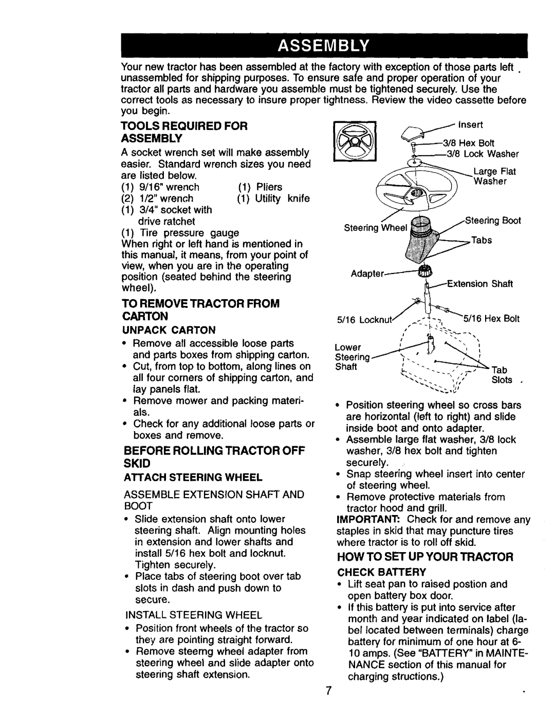 Craftsman 917.27105 manual To Remove Tractor from Carton, Tools Required for Assembly, Before Rolling Tractor OFF Skid 