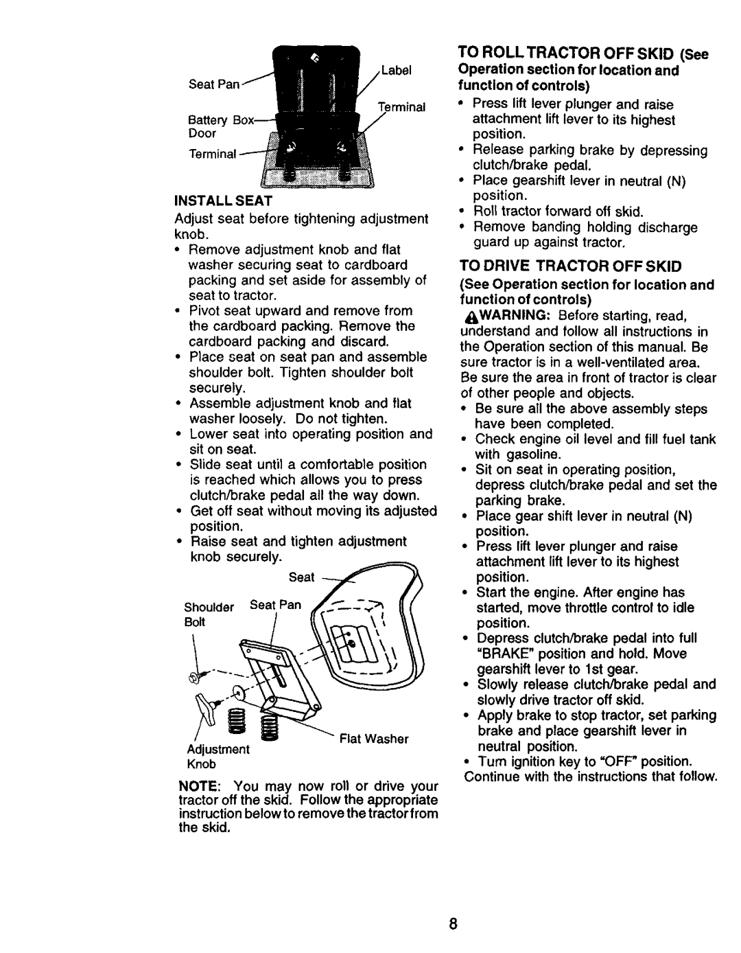 Craftsman 917.27105 manual Install Seat, To Drive Tractor OFF Skid 