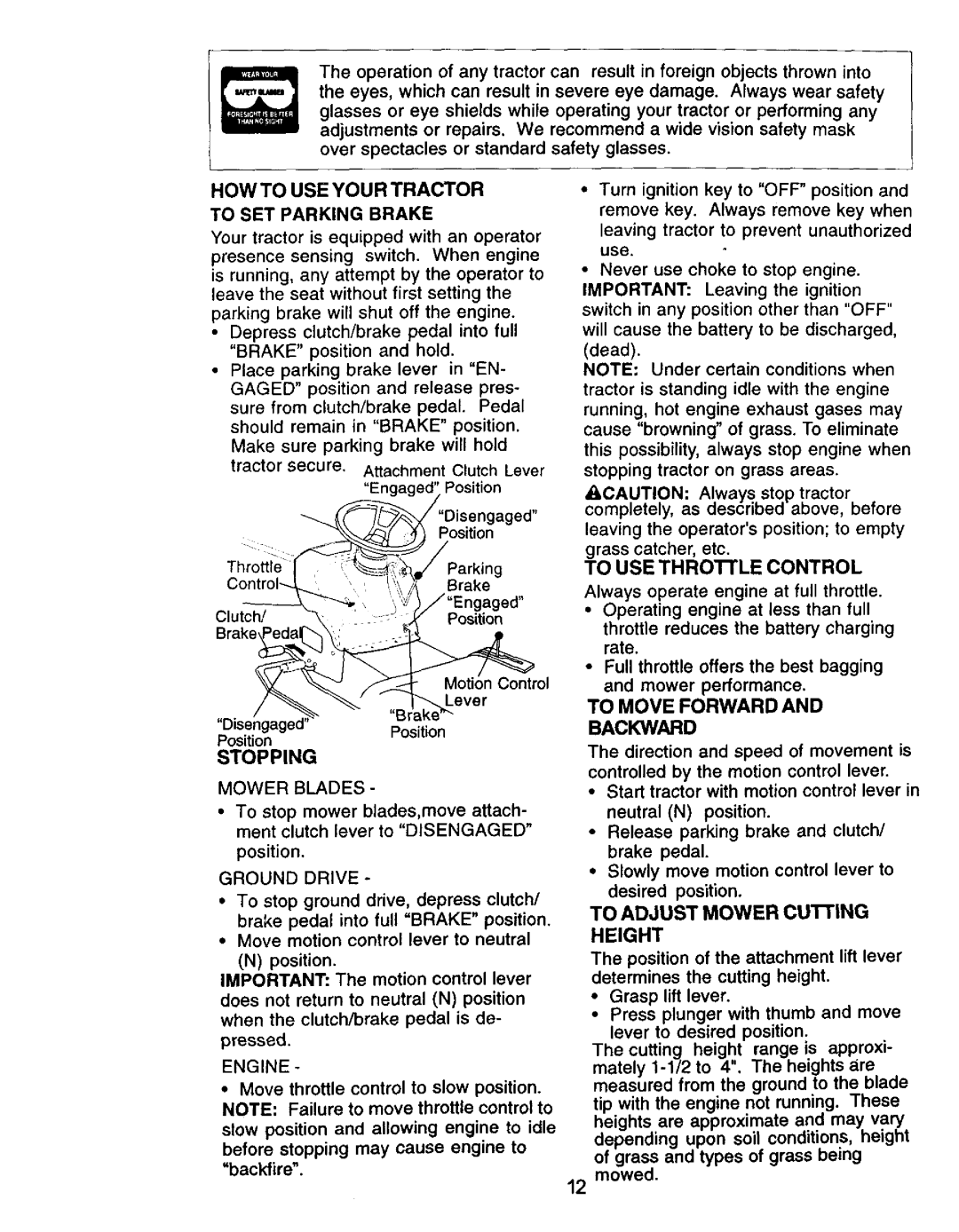 Craftsman 917.271061 HOW to USE Your Tractor, To SET Parking Brake, Backward Stopping, To Adjust Mower Cutting Height 