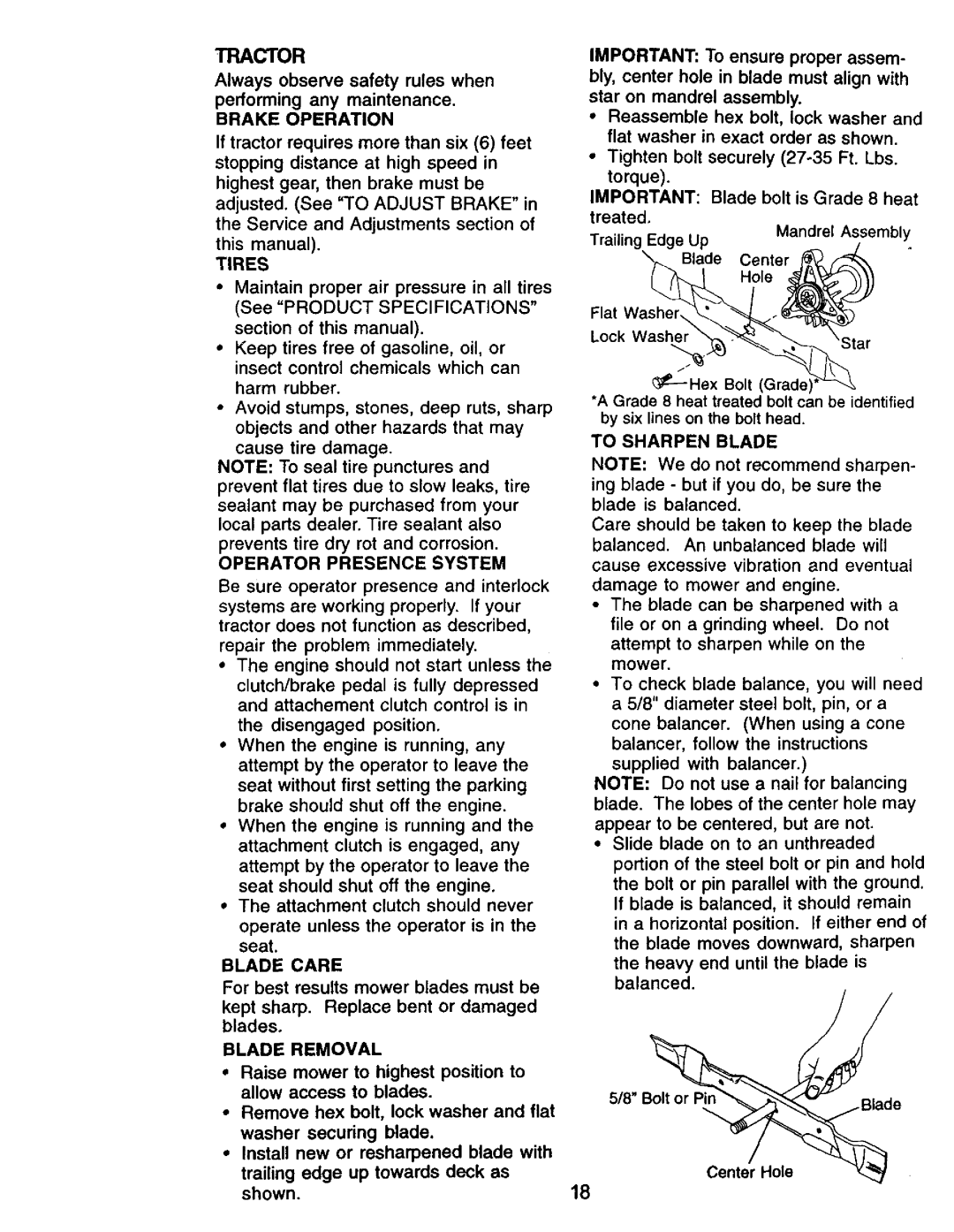 Craftsman 917.271061 owner manual Tires, Operator Presence System, Blade Care, Blade Removal, To Sharpen Blade 