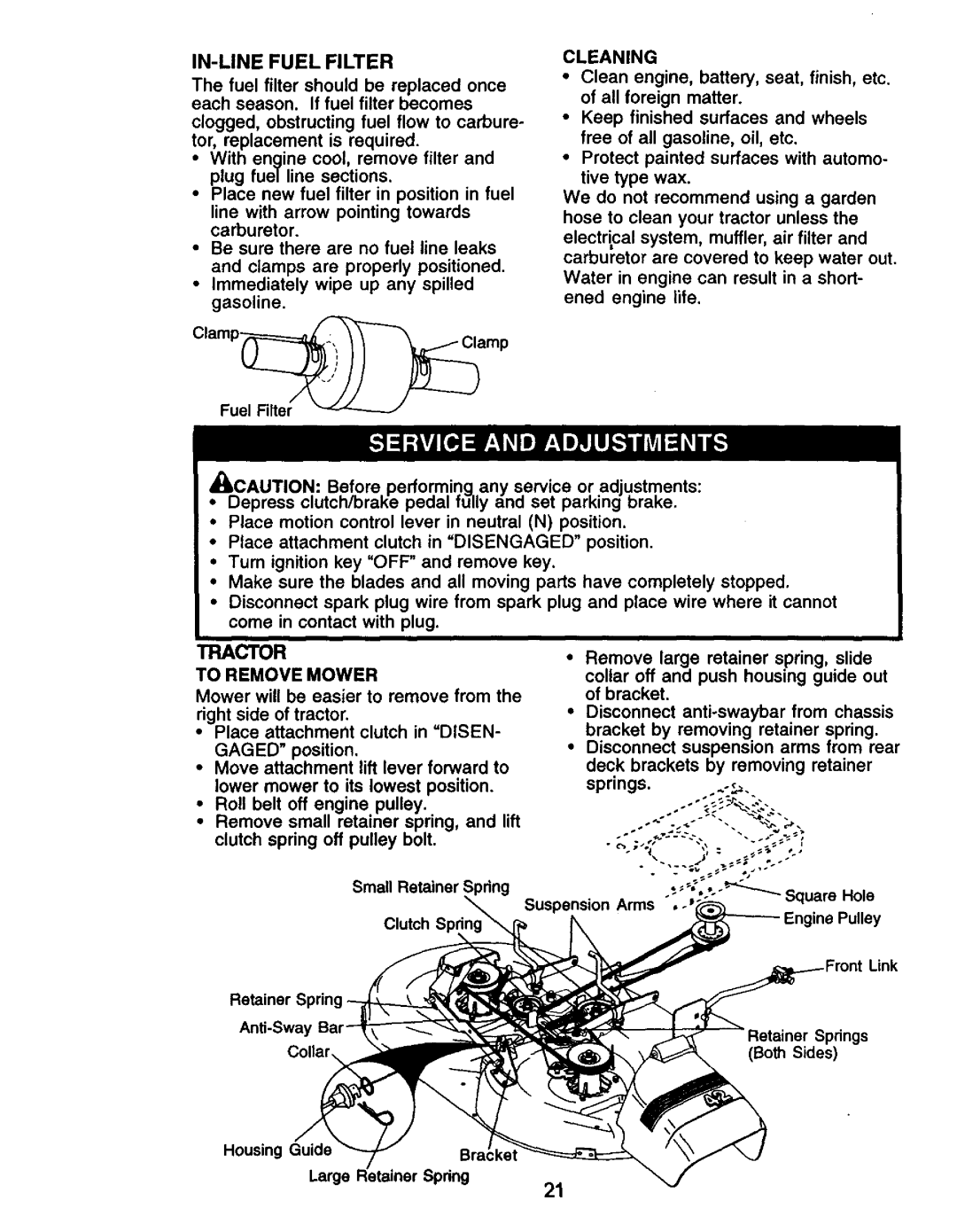 Craftsman 917.271061 owner manual IN-LINE Fuel Filter, Cleaning, To Remove Mower, Housing Guide Large 