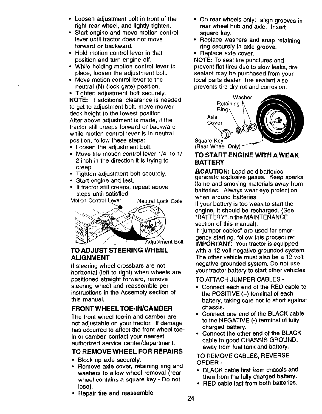 Craftsman 917.271061 Front Wheel TOE-IN/CAMBER, To Start Engine with a Weak Baiiery, To Adjust Steering Wheel Alignment 