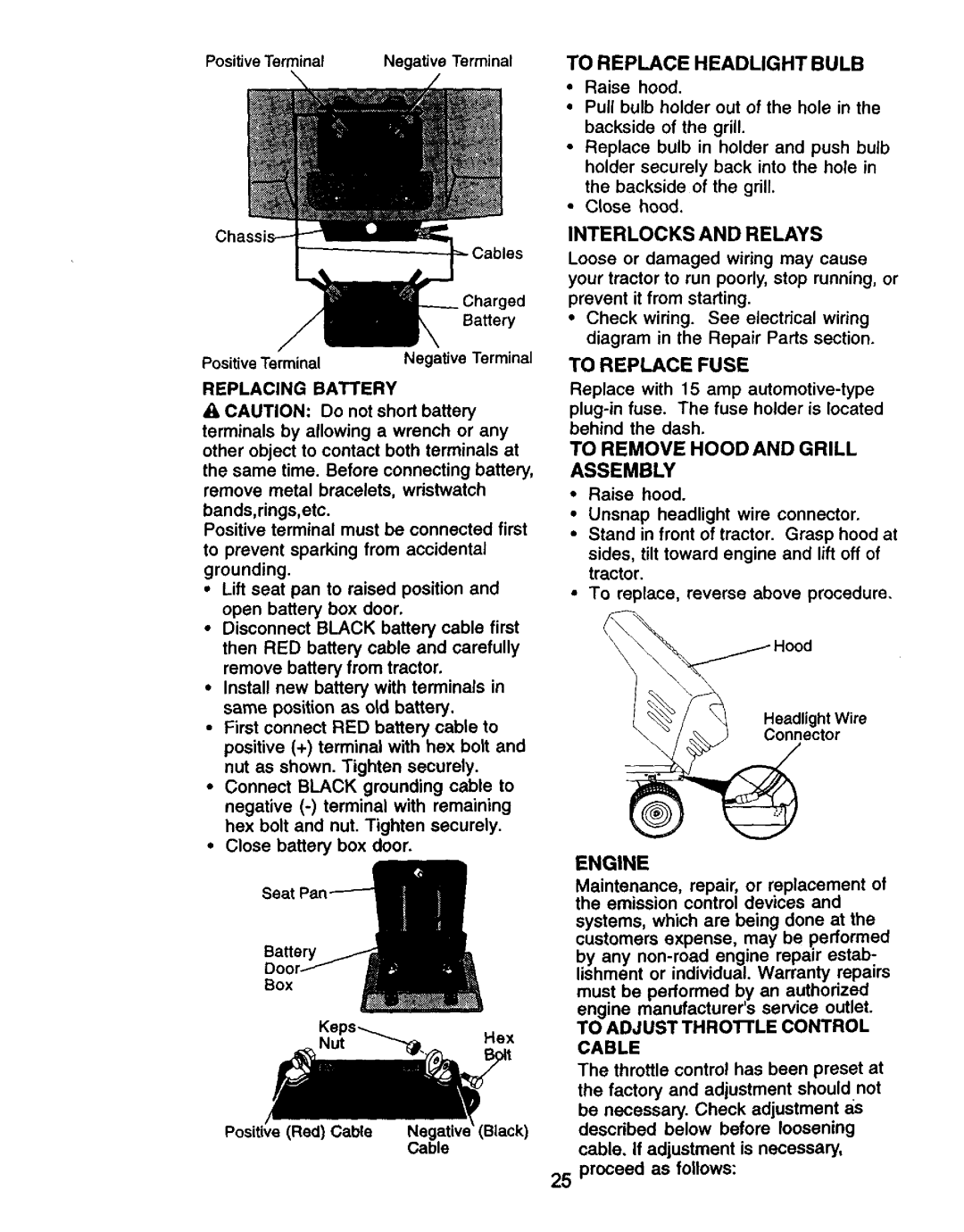 Craftsman 917.271061 owner manual To Replace Headlight Bulb, Interlocks and Relays, To Replace Fuse 