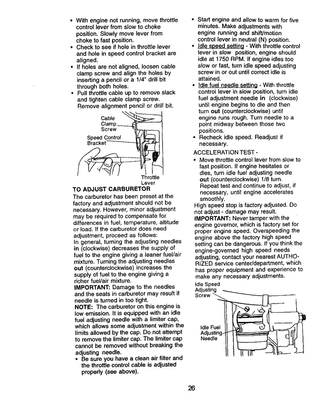 Craftsman 917.271061 owner manual Acceleration Test, Screw, To Adjust Carburetor 