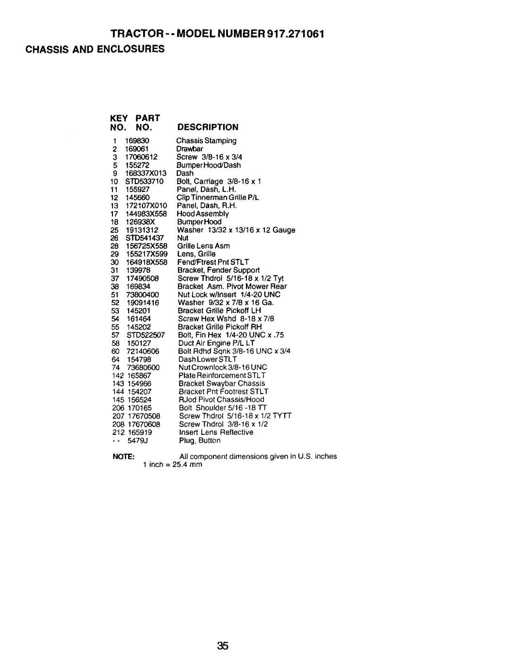 Craftsman 917.271061 owner manual TRACTOR-- Model Number Chassis and Enclosures, KEY Part Description 