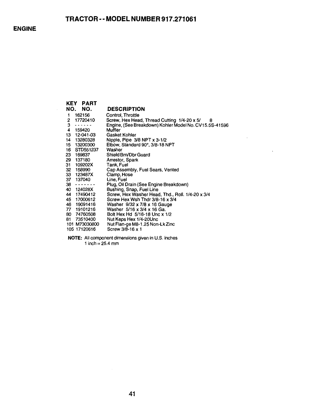 Craftsman 917.271061 owner manual KEY Part NO. no, 162156 17720410 159420 16 STD551237 101 M73030800 105 