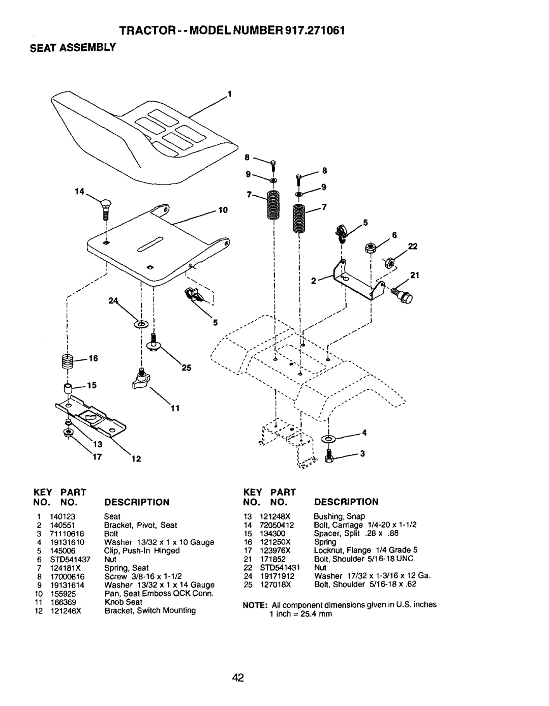 Craftsman 917.271061 owner manual Tractor - Model Number Seat Assembly 