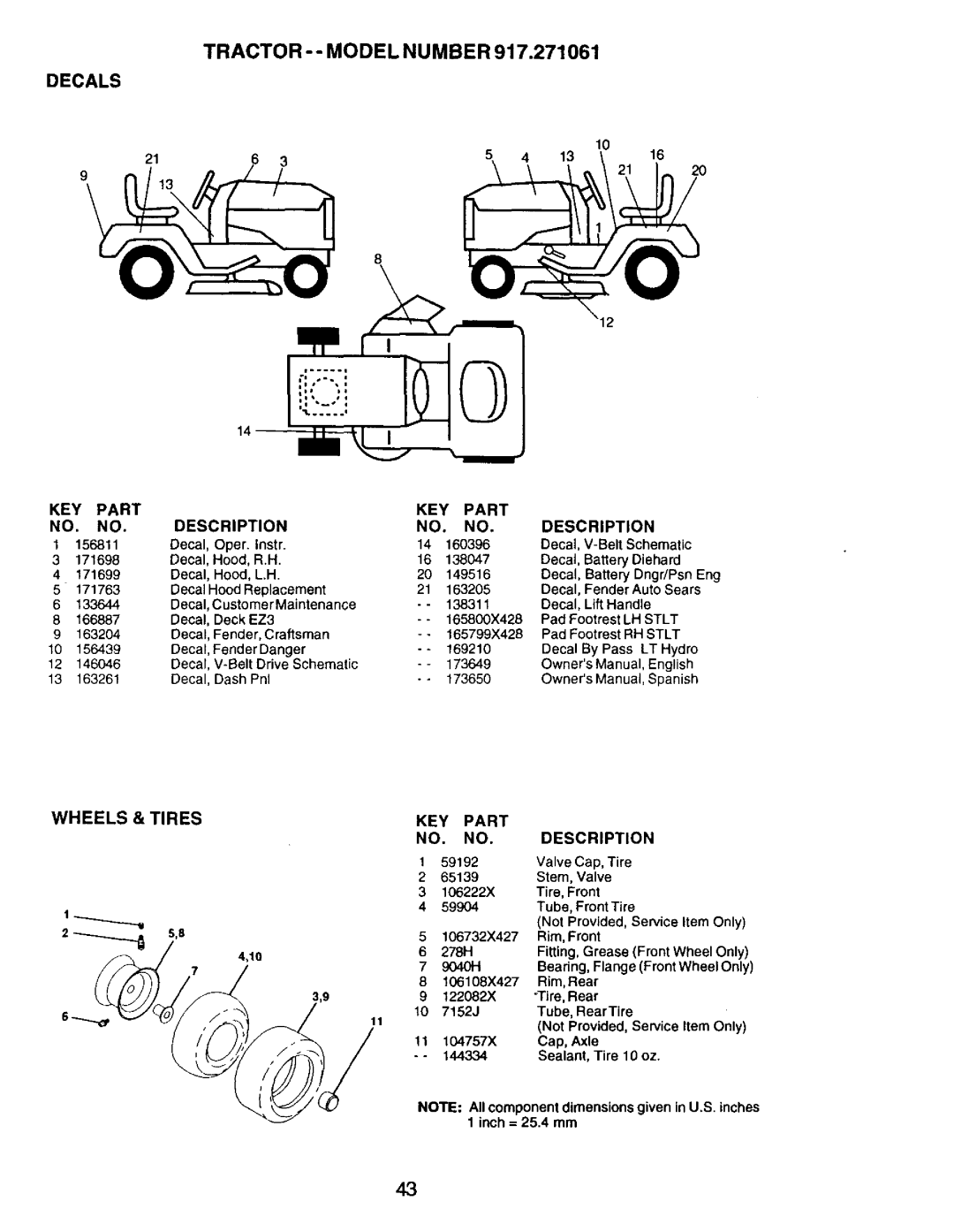 Craftsman 917.271061 owner manual Tractor --MODEL Number, Decals, Wheels & Tires 