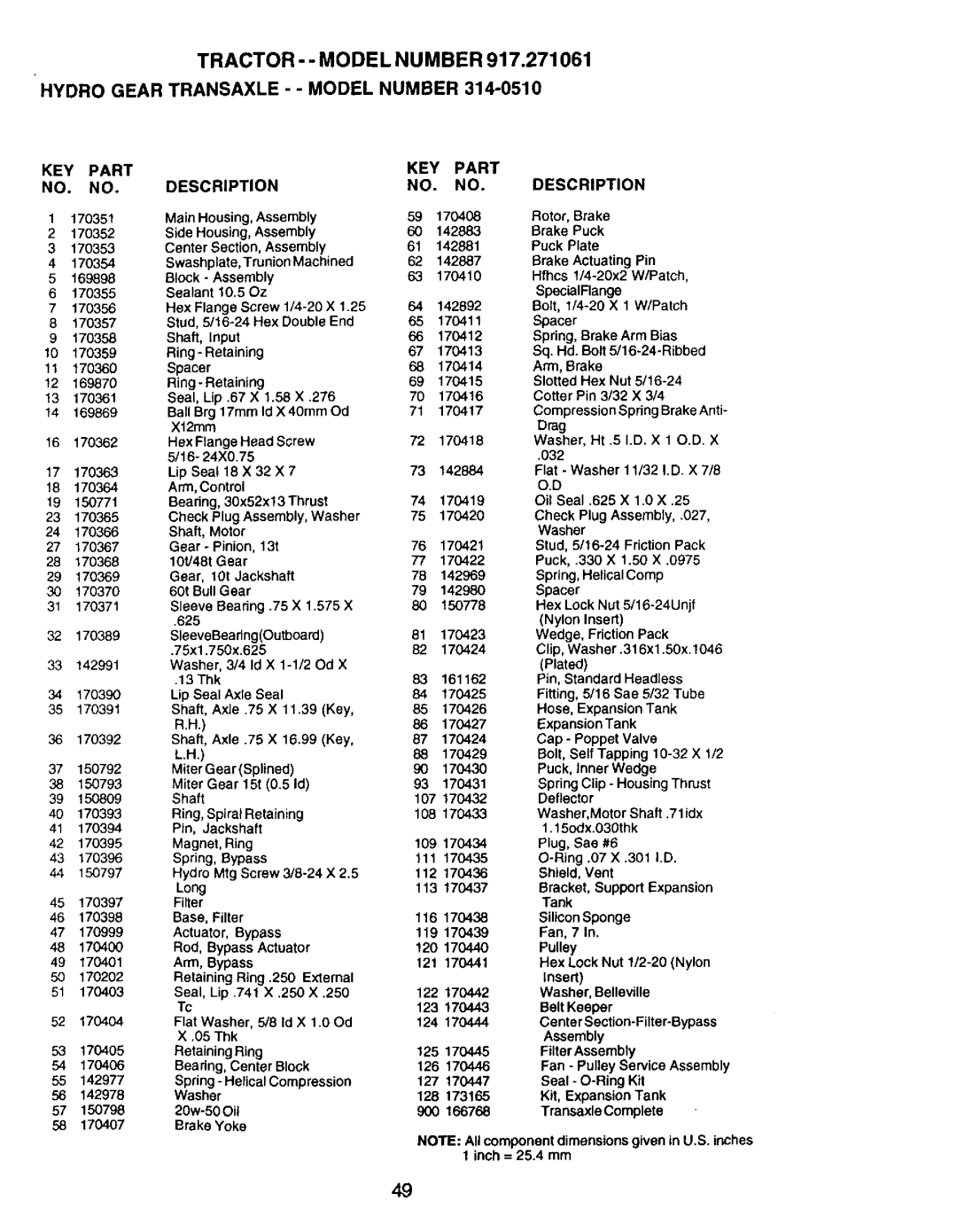 Craftsman 917.271061 owner manual Hydro Gear Transaxle - Model Number 