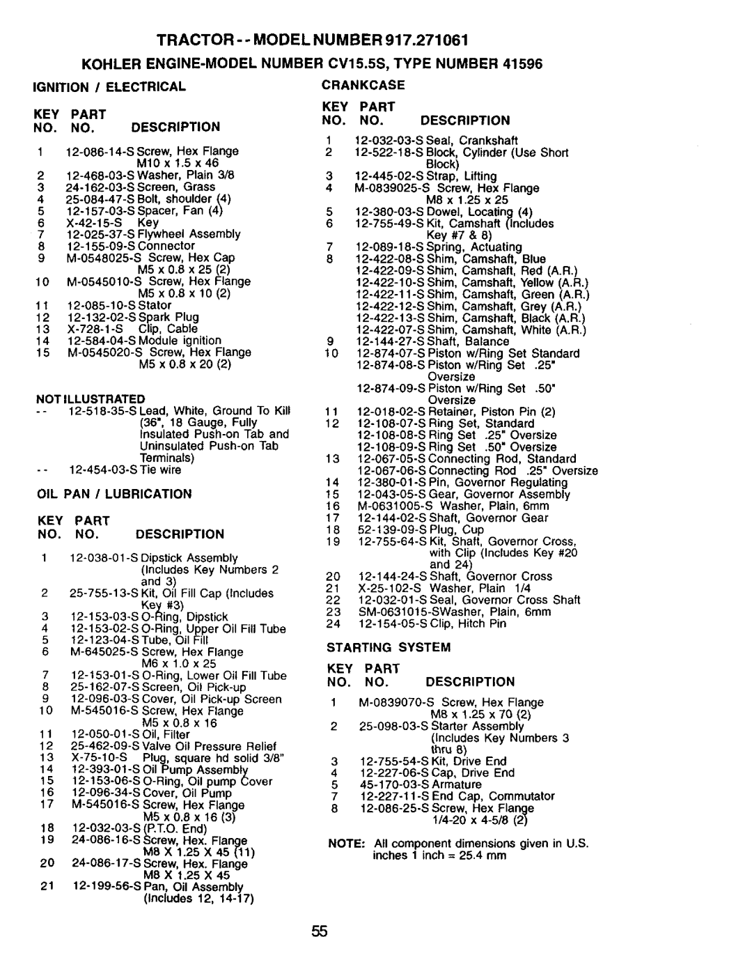 Craftsman 917.271061 Kohler ENGINE-MODEL Number CV15.5S, Type Number, OIL PAN / Lubrication KEY Part NO. NO. Description 