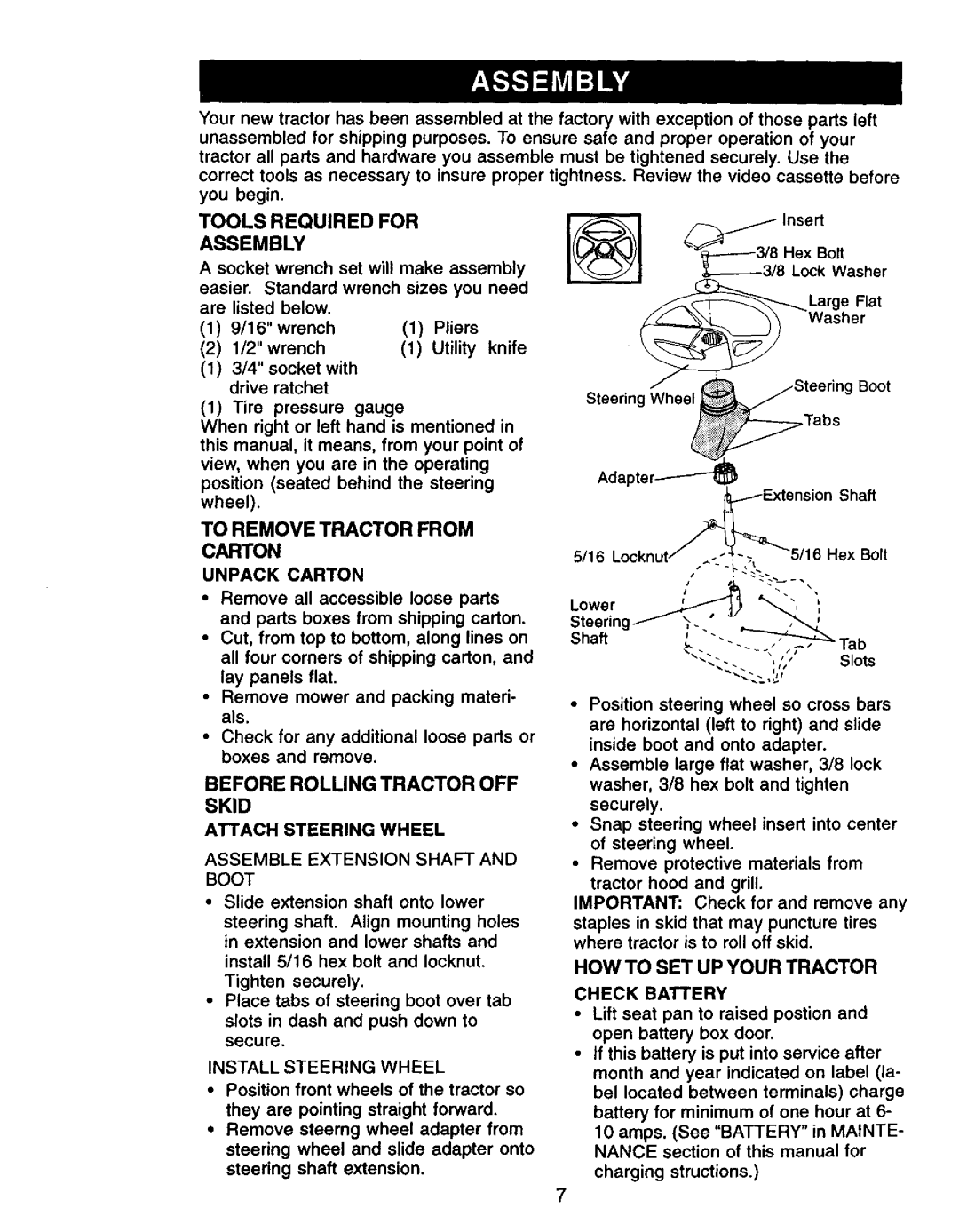 Craftsman 917.271061 Tools Required for Assembly, To Remove Tractor from Carton, Before Rolling Tractor OFF Skid 