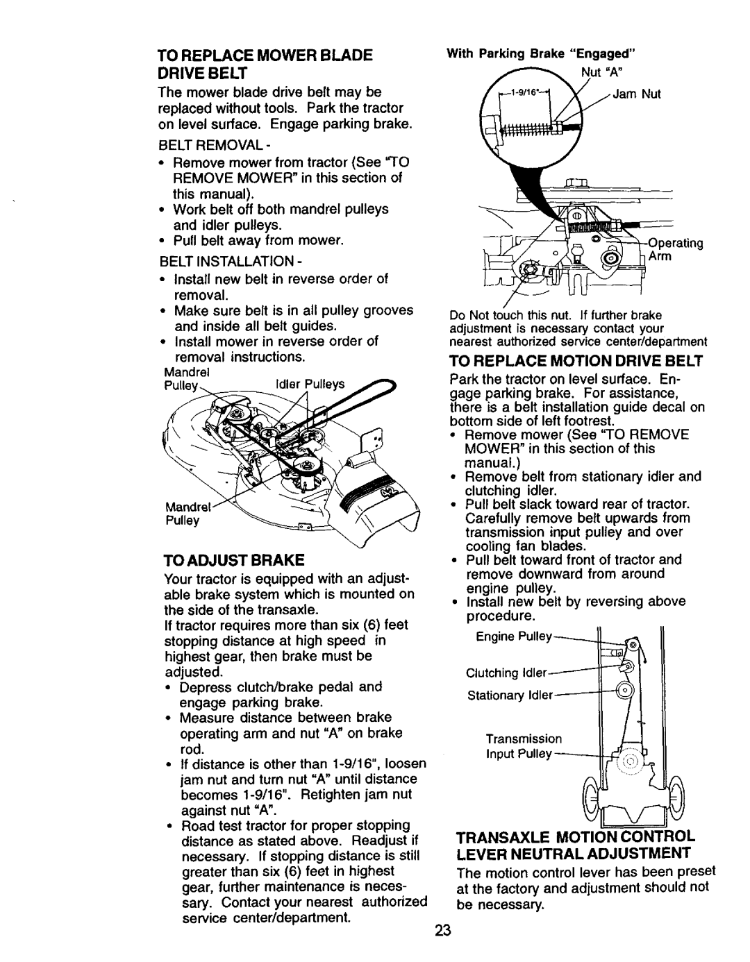 Craftsman 917.271061 owner manual To Replace Mower Blade Drive Belt, To Adjust Brake, To Replace Motion Drive Belt 