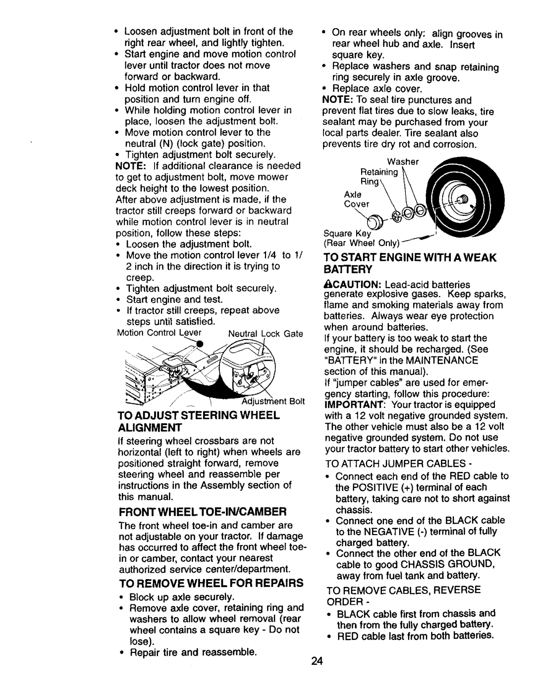 Craftsman 917.271061 owner manual Front Wheel Toe-In/Camber, To Start Engine With A Weak Baiiery 