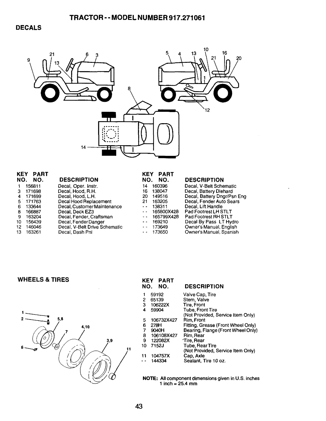 Craftsman 917.271061 owner manual Tractor -- Model Number, Decals, Wheels & Tires 