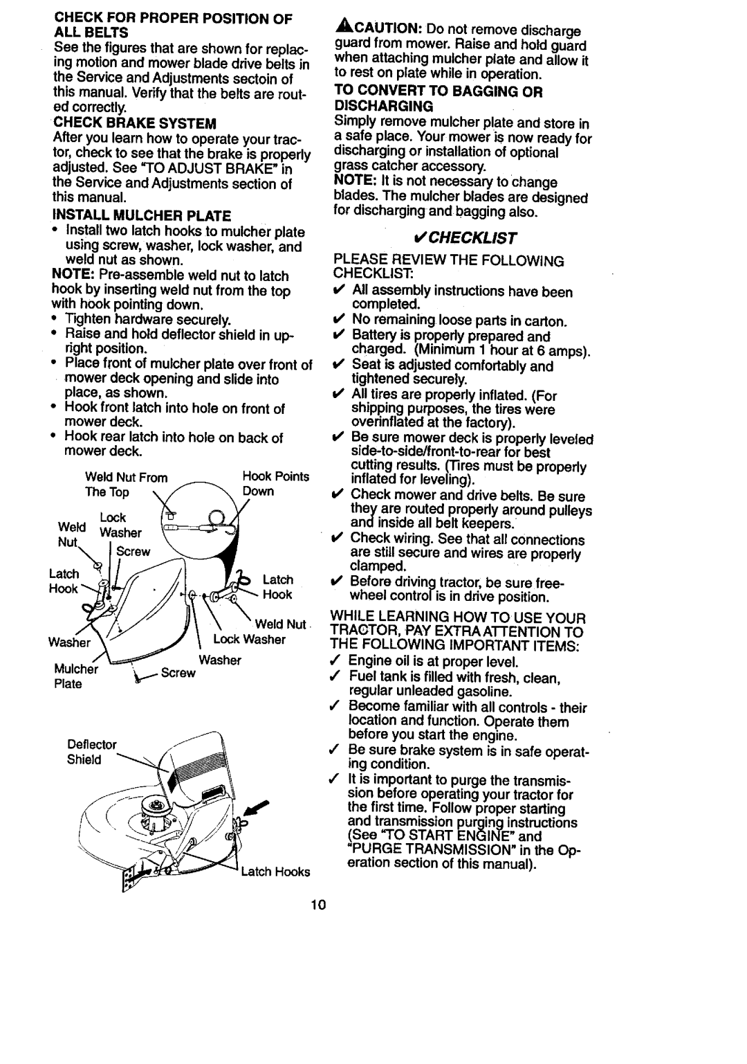 Craftsman 917.27108 owner manual Check for Proper Position of ALL Belts, Check Brake System, Install Mulcher Plate 