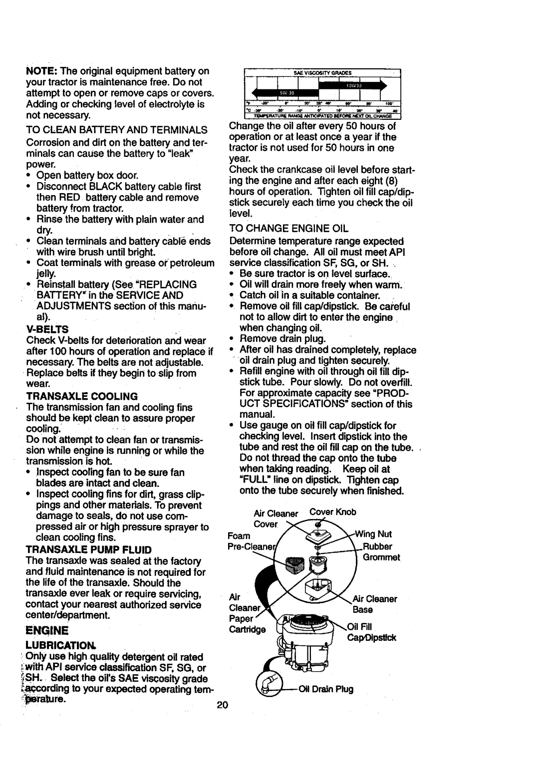 Craftsman 917.27108 Adding or checking level of electrolyte is not necessary, Belts, Transaxle Cooling, Lubrication 